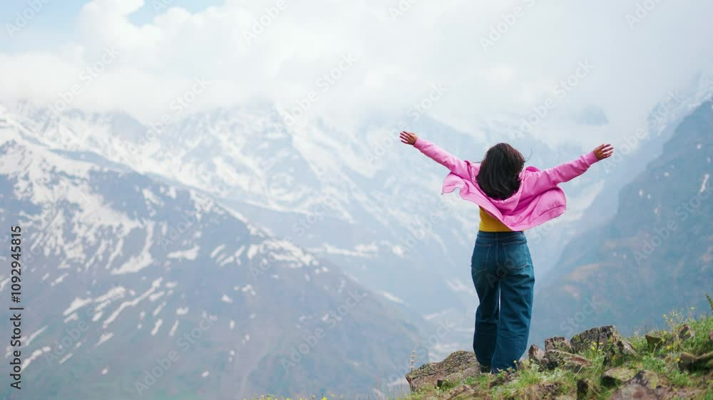 4K shot of Indian Girl raising her hands up with emotions of joy and sense of satisfaction. Girl on top of the mountain celebrating summit. The concept of achieving success. Happy and drunk on life
4K shot of Indian Girl raising her hands up with emotions of joy and sense of satisfaction. Girl on top of the mountain celebrating summit. The concept of achieving success. Happy and drunk on life