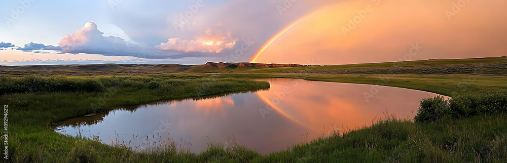 A serene landscape featuring a pond and a vibrant rainbow against a sunset sky. A serene landscape featuring a pond and a vibrant rainbow against a sunset sky.