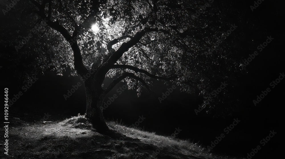 A majestic tree stands silhouetted against the night, illuminated by a soft light source. The monochrome palette enhances the dramatic contrast and moody atmosphere. A majestic tree stands silhouetted against the night, illuminated by a soft light source. The monochrome palette enhances the dramatic contrast and moody atmosphere.