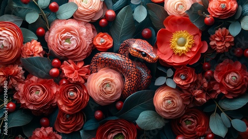 Vibrant arrangement of flowers and a snake in red hues