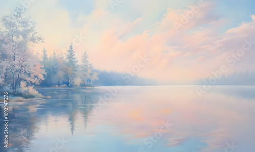 Serene landscape with pastel colors reflecting on a calm lake surrounded by trees.