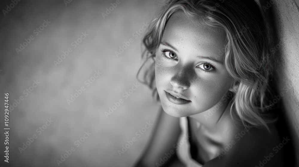 A portrait of a young girl with soft features and a serene expression in black and white. A portrait of a young girl with soft features and a serene expression in black and white.