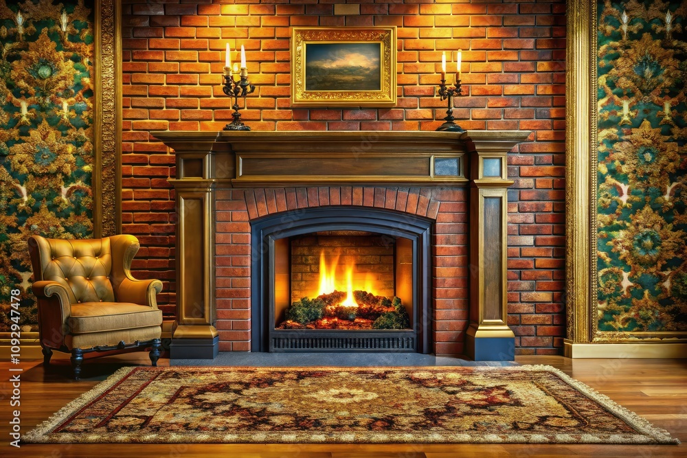A warm and inviting fireplace glows amidst a cozy setting featuring a brick wall, plush rug, and stylish gold and black accents for a serene atmosphere. A warm and inviting fireplace glows amidst a cozy setting featuring a brick wall, plush rug, and stylish gold and black accents for a serene atmosphere.