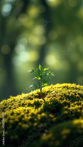 Newly sprouted plant emerges from vibrant green moss in a serene forest setting during daylight photo