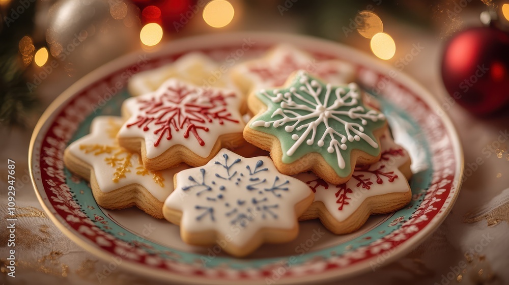 Christmas cookies on a festive plate, Christmas cookies glowing with colorful icing, embodying the Merry and Bright theme. Christmas cookies on a festive plate, Christmas cookies glowing with colorful icing, embodying the Merry and Bright theme.
