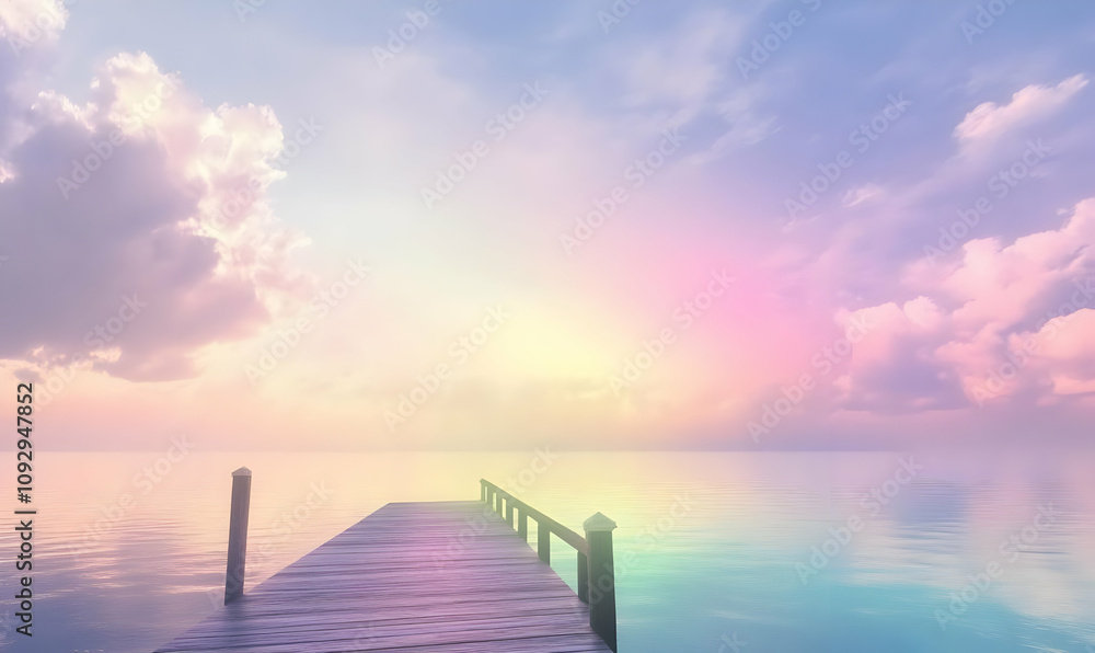 A serene pier extending into a tranquil, colorful ocean at sunset. A serene pier extending into a tranquil, colorful ocean at sunset.