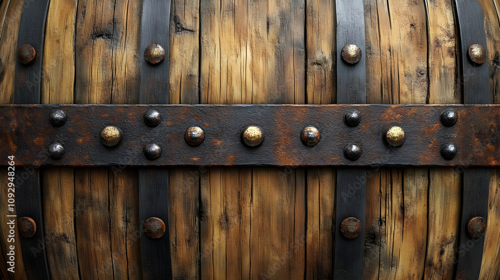 Rustic Wooden Barrel with Metal Bands: A Textured Design Rustic Wooden Barrel with Metal Bands: A Textured Design