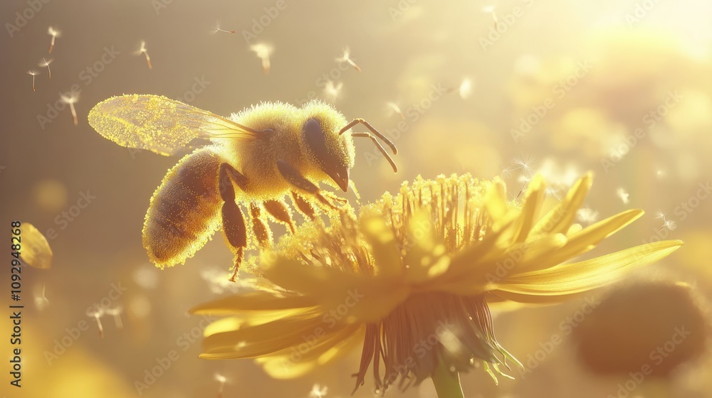Fototapeta premium A bee collecting pollen from a vibrant yellow flower in a sunlit environment.