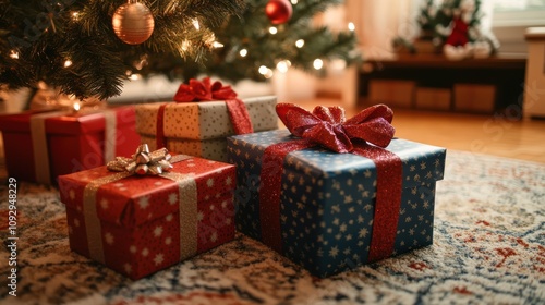 Christmas presents wrapped in colorful bows, Christmas presents stacked under the tree with a Merry and Bright mood, festive and warm.