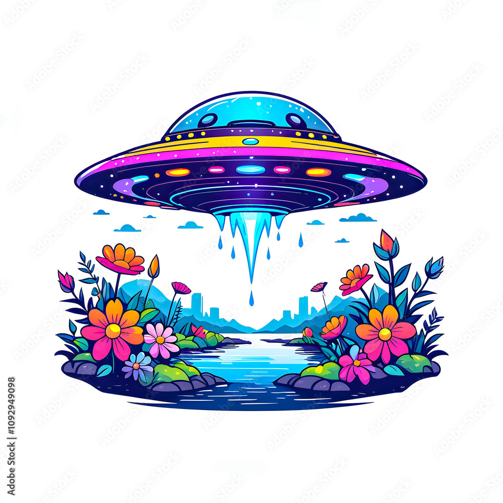 illustration of UFO near river surrounded by colorful flowers. illustration of UFO near river surrounded by colorful flowers.