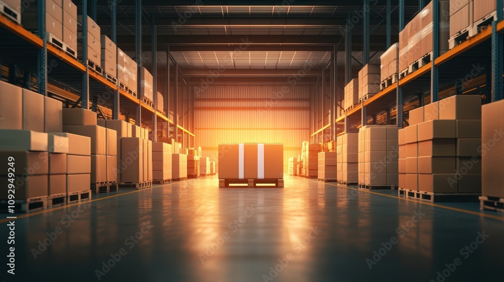 A warehouse filled with crates and boxes, illuminated by a warm glow, depicting a busy storage environment. A warehouse filled with crates and boxes, illuminated by a warm glow, depicting a busy storage environment.
