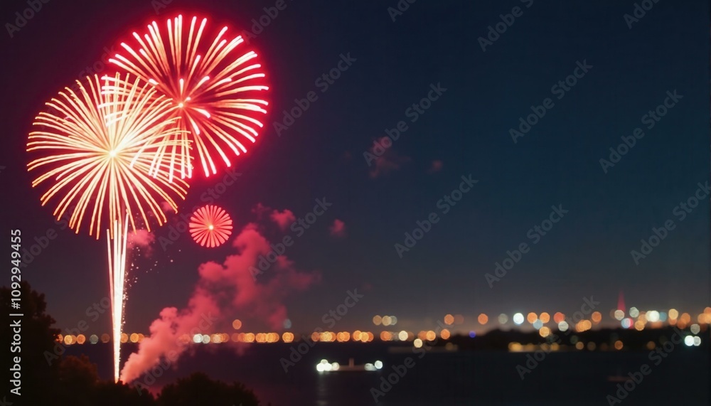 Spectacular Fireworks Display Over City Lights at Night, Independence Day Celebration Concept. Spectacular Fireworks Display Over City Lights at Night, Independence Day Celebration Concept.