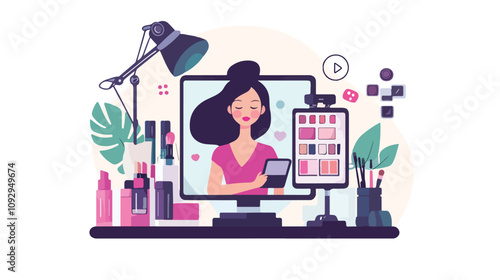 Professional Beauty Makeup Tutorial Video Poster Featuring Woman with Cosmetic Products