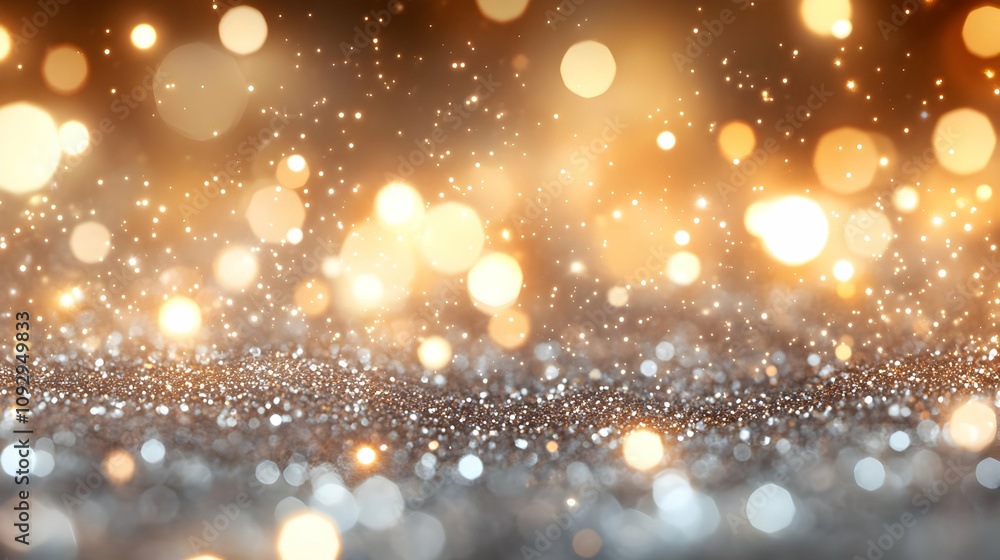 Sparkling Glitter: Shimmering Lights Dance on Silver Background, Festive Celebration Sparkling Glitter: Shimmering Lights Dance on Silver Background, Festive Celebration