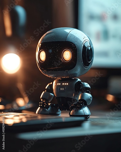 Cute robot with glowing eyes in a modern setting