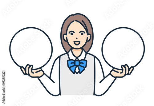 二つの選択肢。制服を着た女子高生が比較をするベクターイラスト素材。