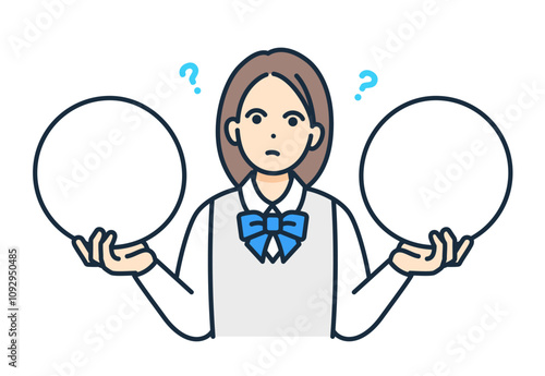 ブレザーを着た高校生が考え込む。選択に迷う女の子のベクターイラスト素材。