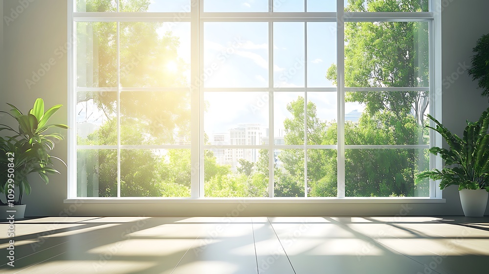 Modern Room with Large Windows Green Plants Shine Sunlight for a Peaceful Indoor Atmosphere Concept. Modern Room with Large Windows Green Plants Shine Sunlight for a Peaceful Indoor Atmosphere Concept.