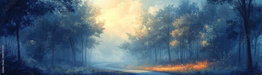 Naklejka premium Serene Forest Path at Dawn with Sunlight Filtering Through Misty Trees in a Tranquil Landscape