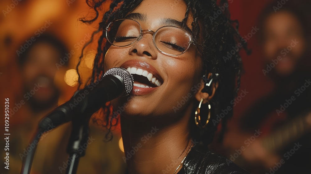 Joyful woman singing into a microphone with a band in the background Joyful woman singing into a microphone with a band in the background