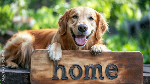 Szczęśliwy golden retriever z napisem Home #1092951033