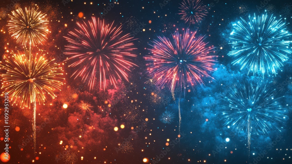 Naklejka premium Illustration of celebratory fireworks at midnight, exploding into the sky in a symphony of vibrant colors and shimmering midnight sparkles.