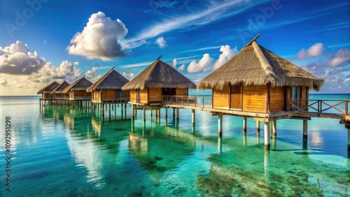 Beautiful thatched-roof bungalows on stilts offer stunning views of a peaceful blue lagoon, creating a serene and tranquil retreat for relaxation and rejuvenation.