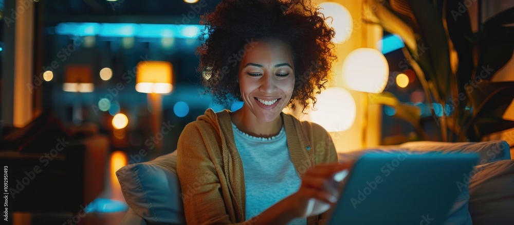 Woman Smiling While Using a Tablet in a Cozy Living Room Woman Smiling While Using a Tablet in a Cozy Living Room