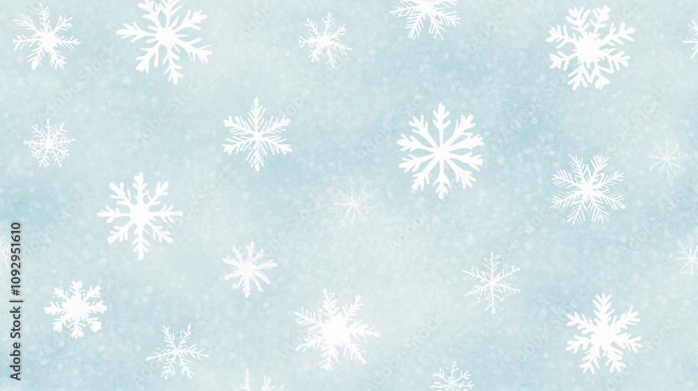 A captivating watercolor design showcasing a flurry of snowflakes scattered across a soft, icy blue background. The snowflakes are detailed with intricate patterns, set against a gentle wash of light A captivating watercolor design showcasing a flurry of snowflakes scattered across a soft, icy blue background. The snowflakes are detailed with intricate patterns, set against a gentle wash of light
