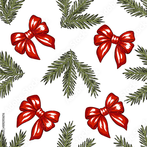 Hand drawn Christmas pattern of red bows and evergreen branches, vector illustration photo