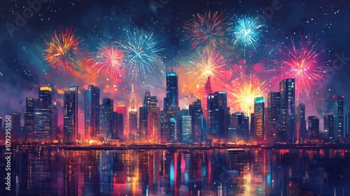 Wallpaper Mural Illustration of glitzy New Year fireworks illuminating a night sky, with shimmering lights reflecting off a glamorous cityscape below. Torontodigital.ca