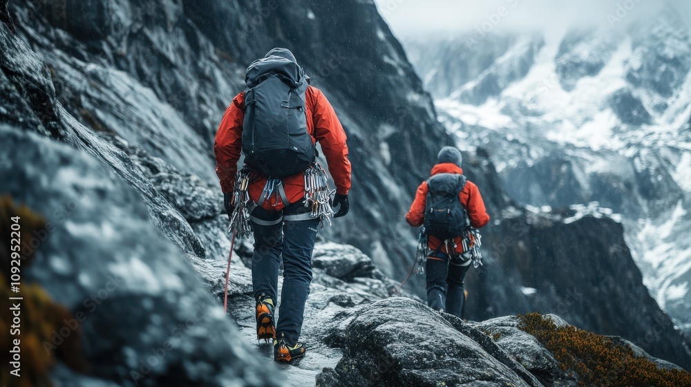 Mountain climbers navigating a rocky slope, balancing strength and skill, highlighting the excitement and danger of climbing expeditions in wild climbing terrains Mountain climbers navigating a rocky slope, balancing strength and skill, highlighting the excitement and danger of climbing expeditions in wild climbing terrains