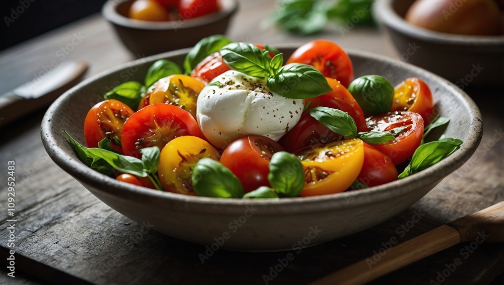 A bowl of salad with cherry and grape tomatoes, mozzarella balls, and fresh basil.
A bowl of salad with cherry and grape tomatoes, mozzarella balls, and fresh basil.