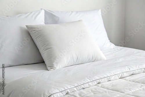 A minimalist setup featuring a single white pillow against a plain white comforter on a low-profile bed, interior design, pillow