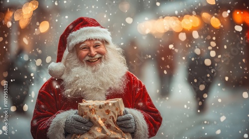 Santa Claus holding a Merry and Bright gift bag, Santa Claus smiling in a snow-covered village under twinkling lights.