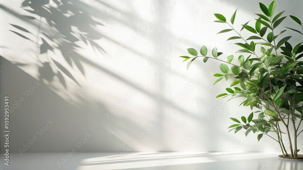 Blurred foliage shadows cast on a white wall create a surreal minimalist photograph, ideal for tech presentations and embodying contemporary aesthetics with artistic flair. Blurred foliage shadows cast on a white wall create a surreal minimalist photograph, ideal for tech presentations and embodying contemporary aesthetics with artistic flair.