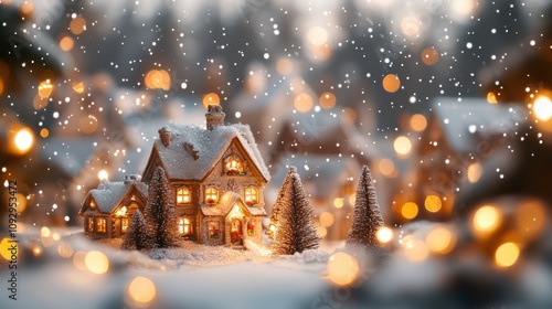 Snow-covered Christmas village scene, snow-covered rooftops under glowing lights, creating a Merry and Bright winter wonderland.