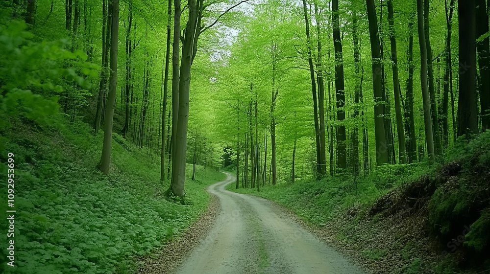 Fototapeta premium Beautiful Green Forest with Trees and a Path in Spring or Summer. AI generated illustration