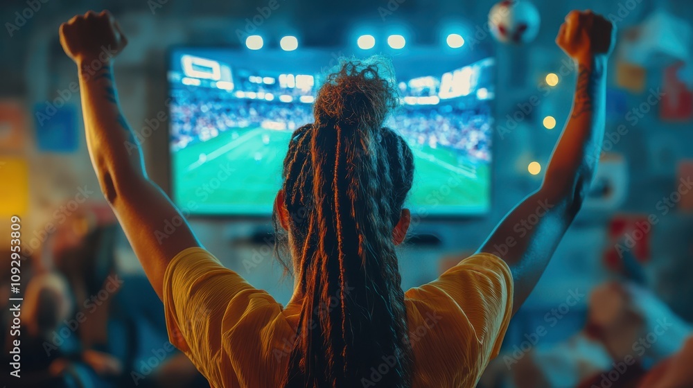 Sports fans cheering in a living room, sports fans gathered around a TV, watching an intense match in excitement. Sports fans cheering in a living room, sports fans gathered around a TV, watching an intense match in excitement.