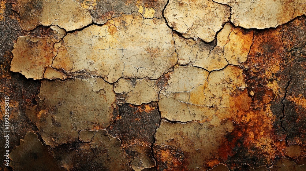 This close-up image showcases a textured surface of chipped paint, revealing earthy tones and deep cracks that evoke feelings of decay and age, perfect for abstract representation. This close-up image showcases a textured surface of chipped paint, revealing earthy tones and deep cracks that evoke feelings of decay and age, perfect for abstract representation.