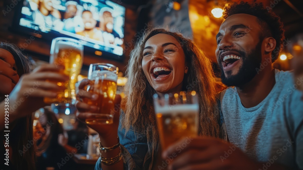 Sports fans clinking glasses in a bar, sports fans roaring as they celebrate a winning play on the big screen. Sports fans clinking glasses in a bar, sports fans roaring as they celebrate a winning play on the big screen.