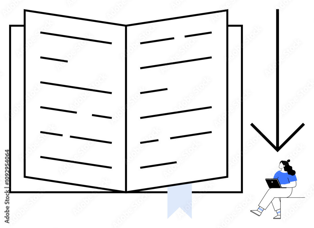 Giant book open with large arrow pointing at woman working on laptop, signifying study and learning. Ideal for education, online courses, knowledge acquisition, research, literacy, academic Giant book open with large arrow pointing at woman working on laptop, signifying study and learning. Ideal for education, online courses, knowledge acquisition, research, literacy, academic