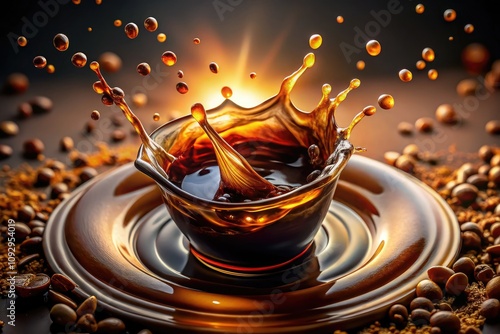 Bold espresso droplets blend with umami soy sauce textures, creating a vibrant coffee-cola fusion captured in a striking motion freeze shot for fashion photography.