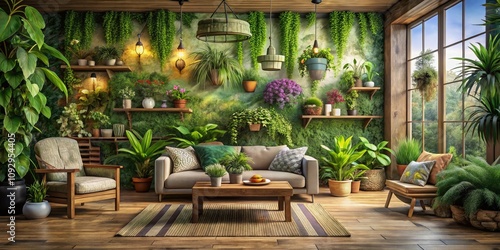 Botanical garden mural in a wooden frame, perfect for plant lovers. Lush greens and floral accents enhance indoor decor, bringing nature-inspired aesthetics to your home.