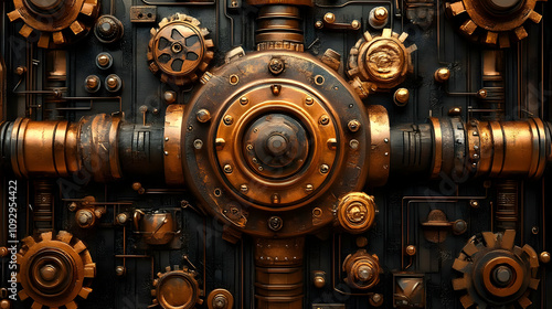 Steampunk Gear Panel: Intricate Clockwork Mechanisms in Bronze and Copper