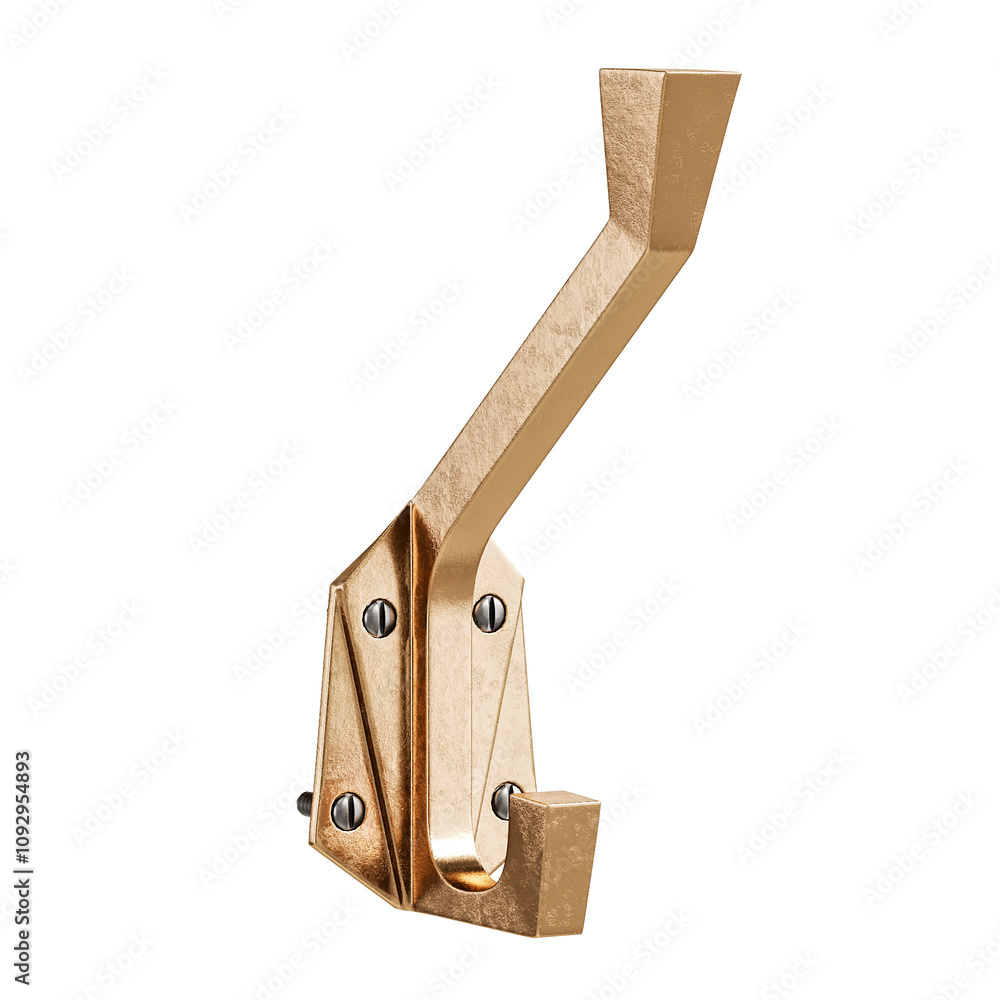 A gold colored metal hook is attached to a wall A gold colored metal hook is attached to a wall