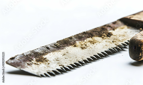 Close-up of a rusty, dirty hand saw isolated on white background.  Ideal for themes of work, age, and decay. photo