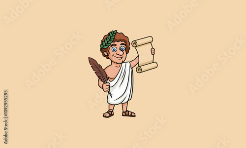 Ancient scholar with scroll and quill cartoon illustration.