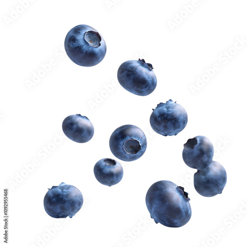 A bunch of blueberries falling down. It does not contain any text. The blueberries are fully visible and in focus on transparent. photo