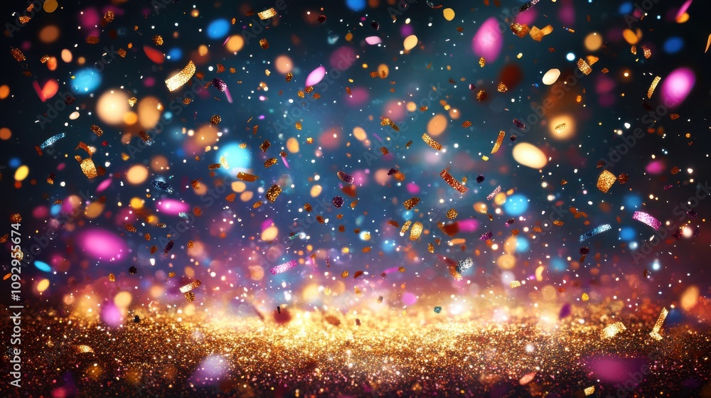 Vector illustration of glitzy New Year confetti cannons shooting sparkling glitter, with bright festive colors and luxurious gold accents in the air. Vector illustration of glitzy New Year confetti cannons shooting sparkling glitter, with bright festive colors and luxurious gold accents in the air.